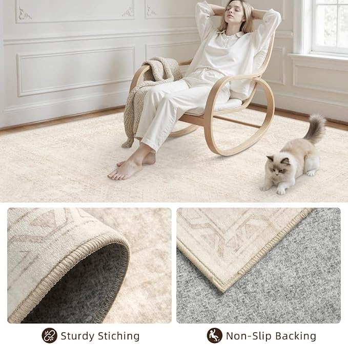Round Area Rug for Living Room: 6ft Vintage Boho Neutral Washable Circle Rug - Image 7
