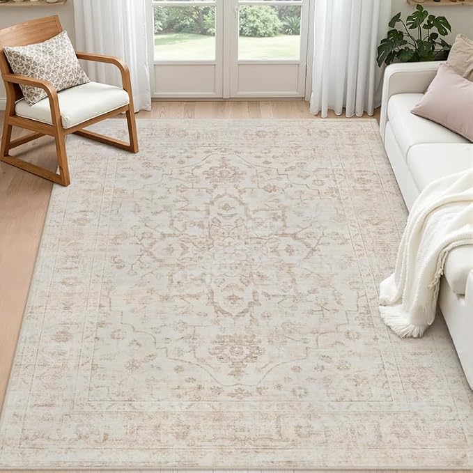 5x7 Area Rugs for Living Room: Vintage Boho Neutral Washable Rug Indoor Soft by Luxturiy