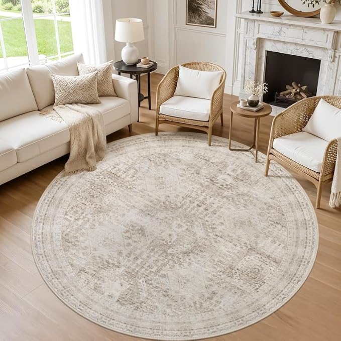 Round Area Rug for Living Room: 8ft Vintage Boho Neutral Washable Circle Rug by Luxturiy
