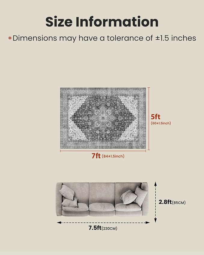 AMADA HOMEFURNISHING 5x7 Area Rugs, Washable Living Room Rug Low-Profile - Image 2