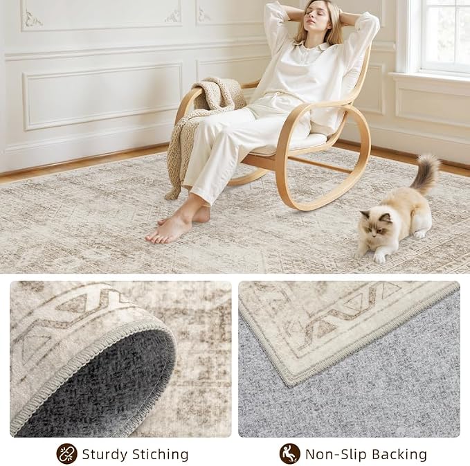 10x12 Area Rug for Living Room: Vintage Boho Neutral Washable Rug Indoor Soft - Image 4