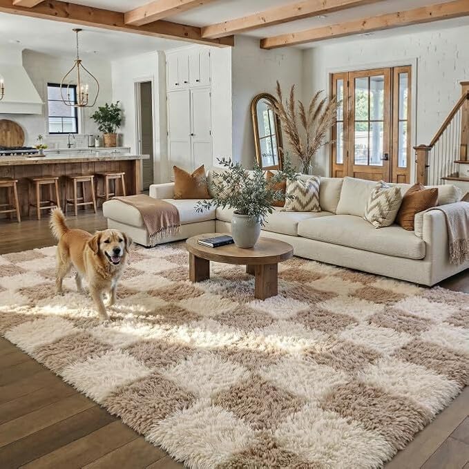 PureCozy Beige 5x8 Area Rugs for Living Room Soft Shag Checkered Large Rug by PureCozy
