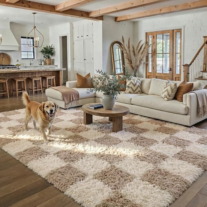 PureCozy Beige 5x7 Area Rugs for Living Room Soft Shag Checkered Large Rug by PureCozy