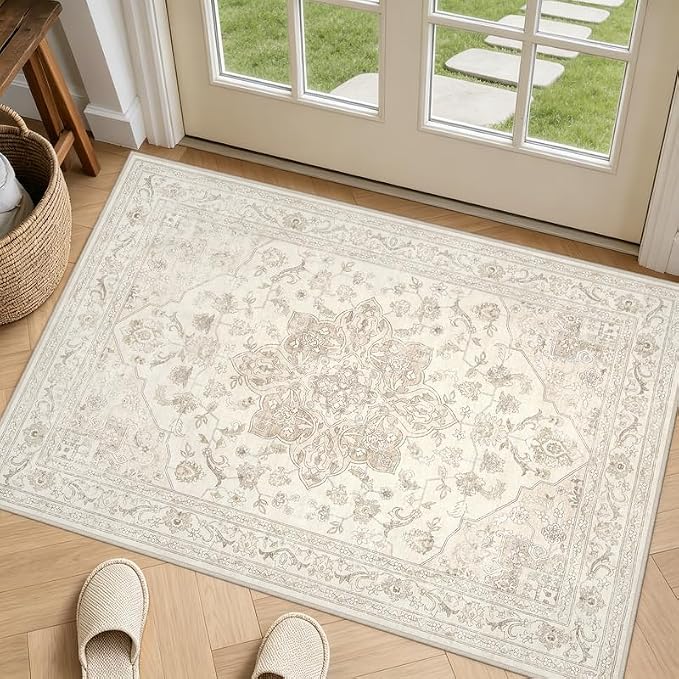 Machine Washable Area Rugs 2x3: Vintage Boho Neutral Washable Rug Indoor Soft by Luxturiy