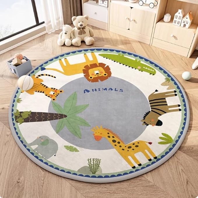 Poowe Cute Animals Kids Room Rug, 31.5" Round Washable Area Rugs Nursery Carpet - Image 2