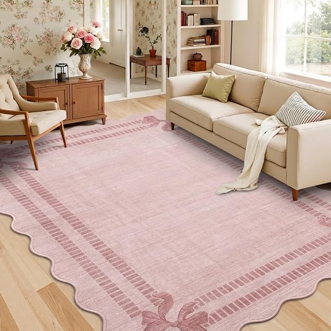 Latte&Fog Washable Pink Rug for Living Room, 6x9 Scalloped Bow Area Rugs for by LatteFog