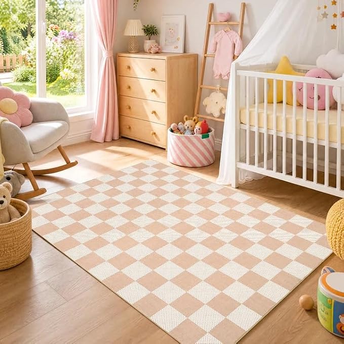 GarveeHome Checkered Blush Beige Neutral Nursery Kids Playroom 4x6 Washable Rug - Image 2