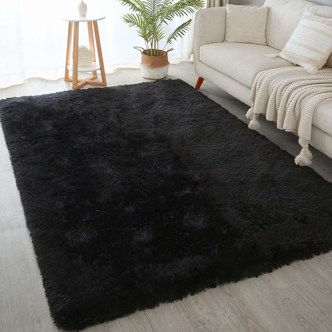 KICHOWUA 5x8 Black Fluffy Shag Rug by KICHOWUA