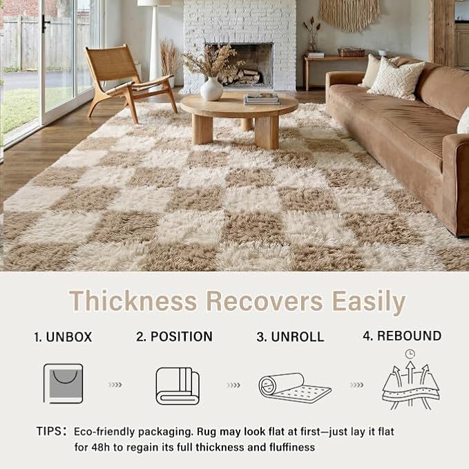 PureCozy Beige 9x12 Area Rugs for Living Room Soft Shag Checkered Large Rug - Image 4