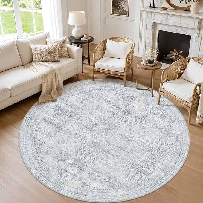 Round Area Rug for Living Room: 8ft Vintage Boho Neutral Washable Circle Rug by Luxturiy