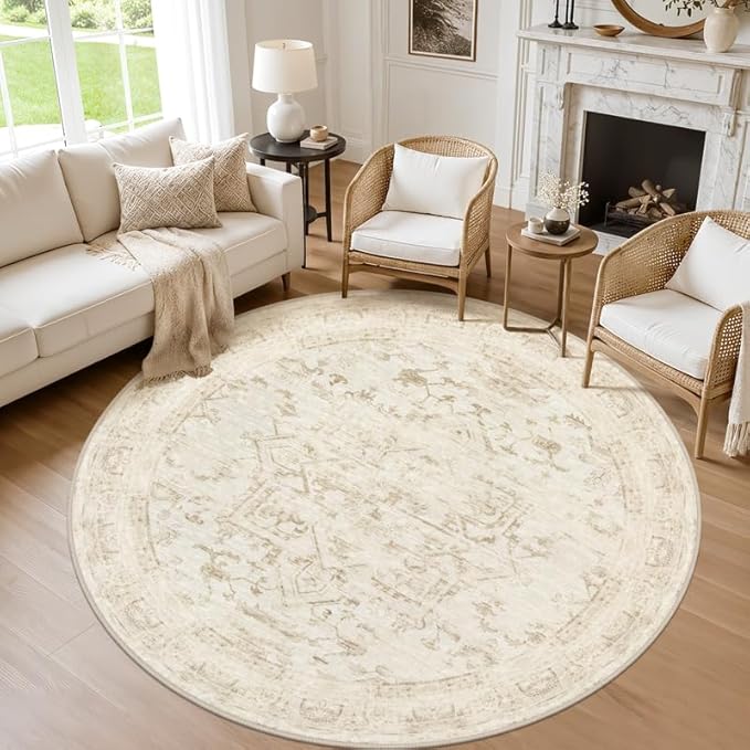 Round Area Rug for Living Room: 6ft Vintage Boho Neutral Washable Circle Rug by Luxturiy