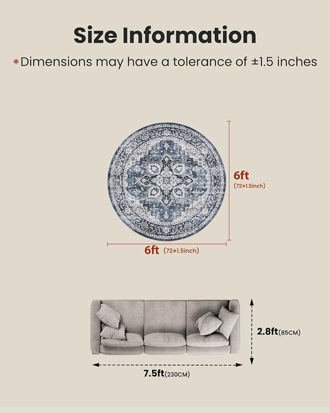 AMADA HOMEFURNISHING Round 6ft Area Rugs, Low-Profile Washable Rug - Image 2