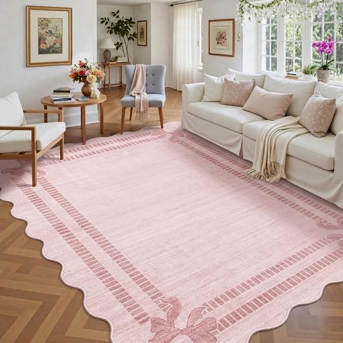 Latte&Fog Washable Pink Rug for Living Room, 6x9 Scalloped Bow Area Rugs for - Image 4