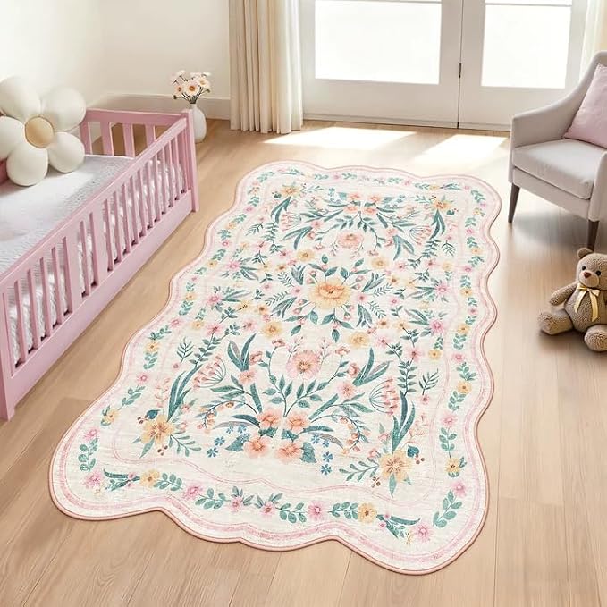 Pink Floral Rug 3X5 for Girls Bedroom or Nursery, Scalloped Washable Non-Slip by Dadasgk