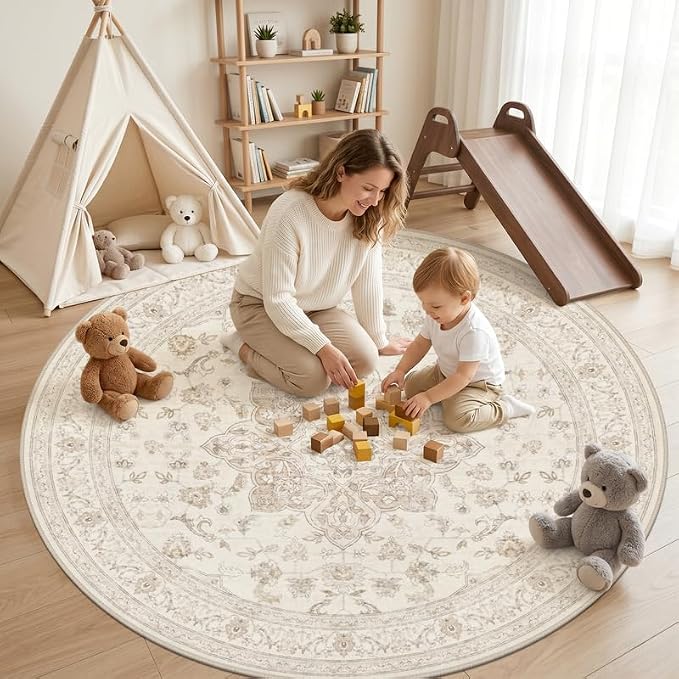 Round Area Rug for Living Room: 8ft Vintage Boho Neutral Washable Circle Rug - Image 3