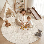 Round Area Rug for Living Room: 8ft Vintage Boho Neutral Washable Circle Rug - Image 3