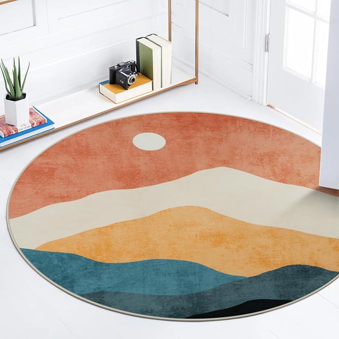 Abstract Round Rug 3ft, Faux Wool Soft Throw Area Rugs, Washable Farmhouse by Sungea