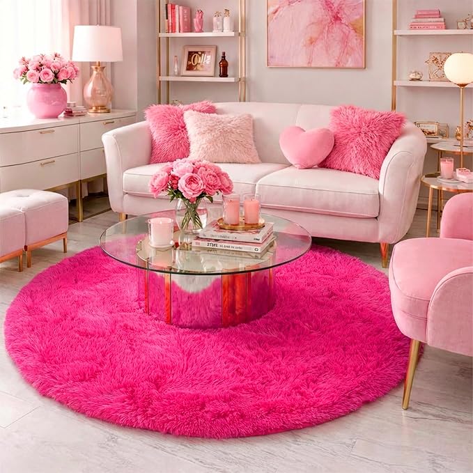 Hot Pink Small Round Rug 3Ft for Girls Bedroom, Fluffy Circle Area Rugs for - Image 5