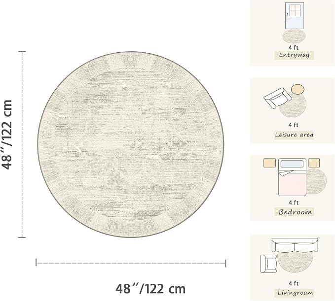 Latte&Fog Washable Round Area Rug 4ft, Vintage Floral Low Pile Non Slip Ivory - Image 2
