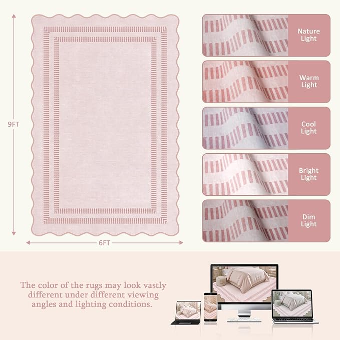 Pink Rugs for Bedroom Girls, 6x9 Washable Non Slip Area Rugs for Living Room - Image 2