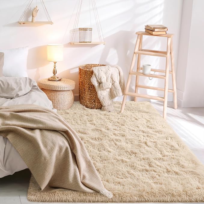 BENRON Fluffy Beige Rugs for Living Room Bedroom 4x6, Soft Plush Fuzzy Shaggy - Image 4
