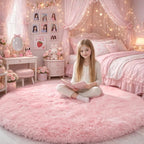Pink Fluffy Round Rug 5Ft for Girls Bedroom Decor Aesthetic, Shaggy Circle Area by Amdrebio