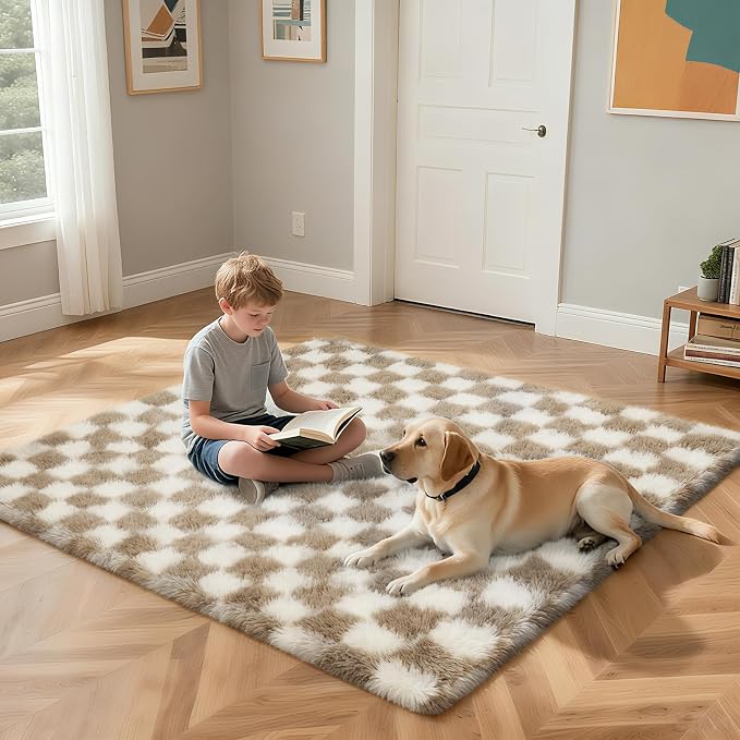 Checkered Rug for Living Room, 6x9 Beige and White Area Rugs, Classic Checkered - Image 4