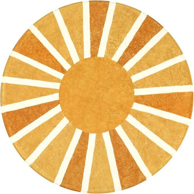 Lahome Sun Round Rug: 3ft Washable & Non-Slip Distressed Boho Rainbow Sun Print - Image 2
