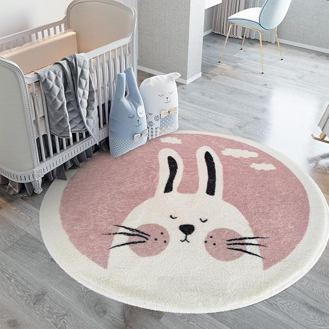 Poowe Pink Rabbit Soft Plush Round Rug - Image 4