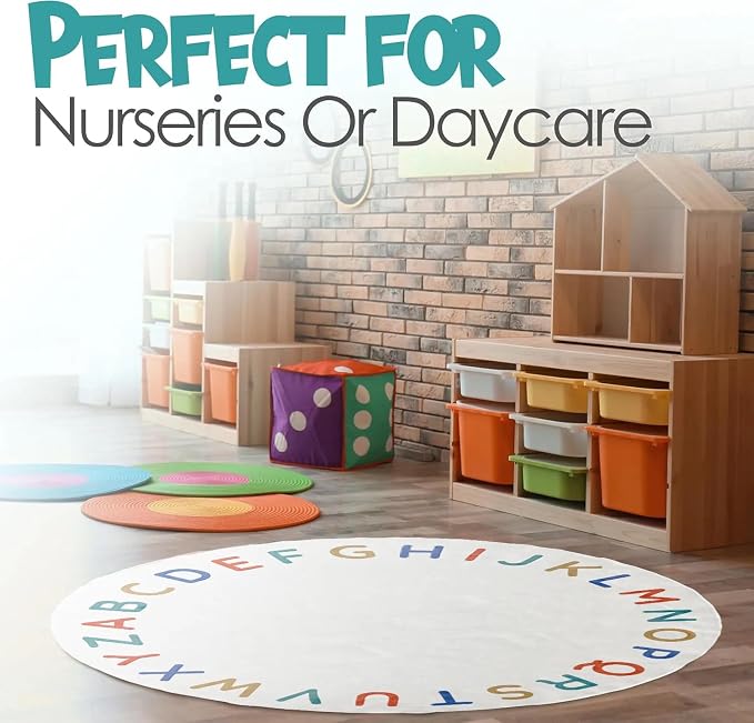 ABC Alphabet Rug for Kids – 6 ft Round White Boho Play Mat for Toddlers & Babies - Image 7