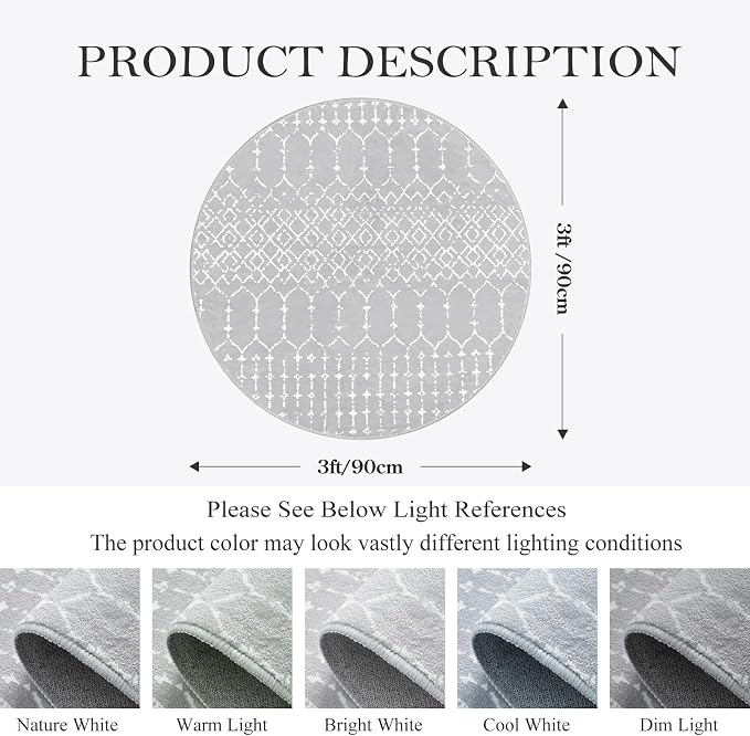 Lahome Moroccan Round Washable Rug 3Ft Small Circle Soft Non-Slip Grey Bathroom - Image 2