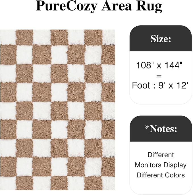 PureCozy 9x12 Area Rugs for Living Room Brown Soft Shag Checkered Large Rug - Image 3