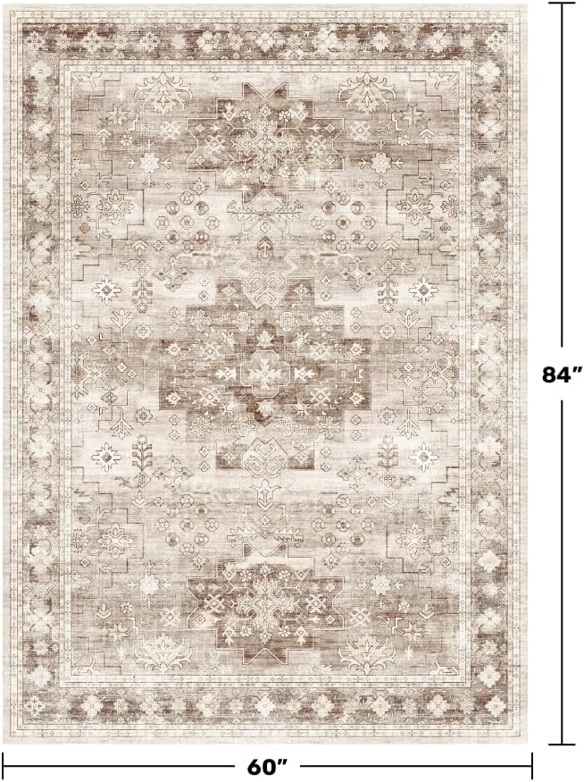 Hazo Haus Washable Neutral Farmhouse Living Room Rug, 5x7 Area Rugs - Image 2
