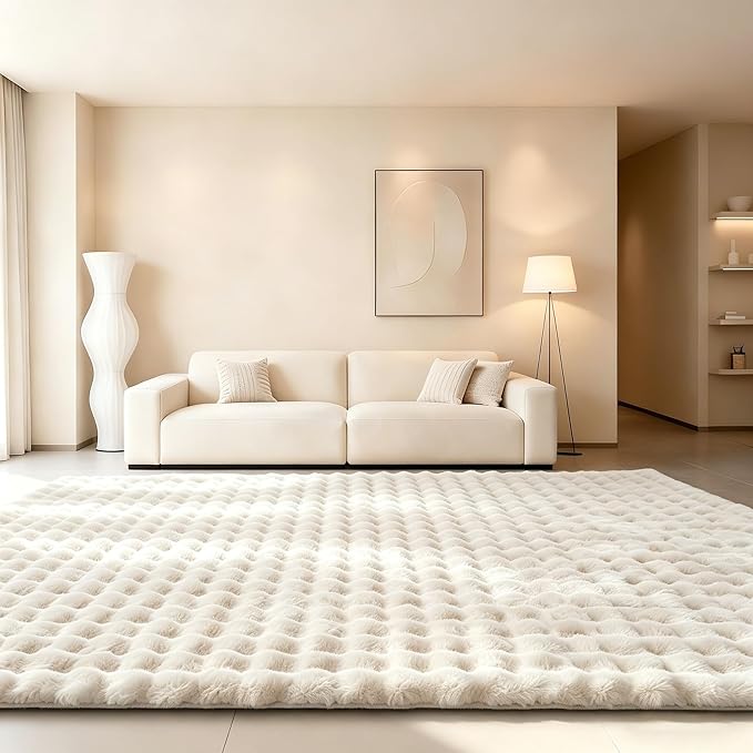 Creamy White Rabbit Plush Rug 8'x10', Fluffy Faux Fur Shaggy Area Rug - Image 3