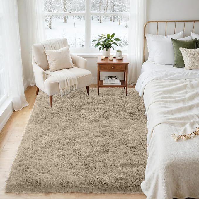 4x6 Area Rugs for Living Room Rug: Soft Fluffy Shag Gray Camel Rugs for Bedroom - Image 3