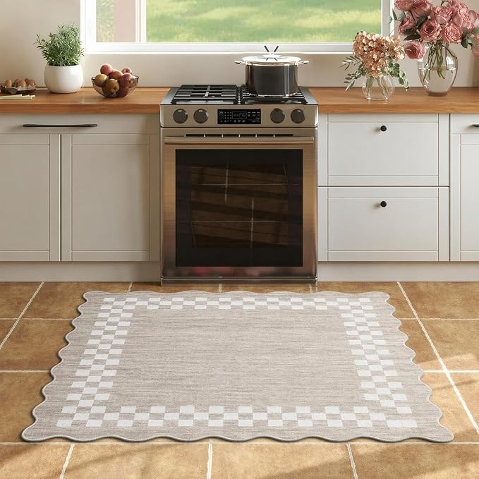 Small Area Rug 2x3 Modern Checkered Entry Rug Solid Color Scalloped Kitchen by GarveeHome