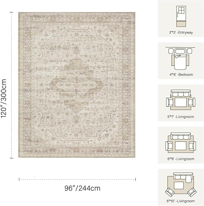 Rugxara 8x10 Washable Area Rug for Living Room, Vintage Neutral Extra Large - Image 2