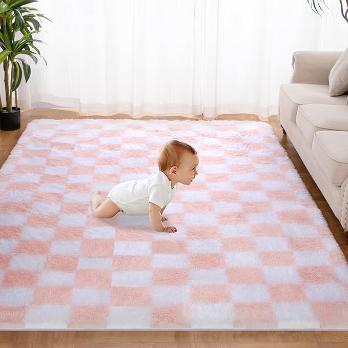 Super Soft Rug for Bedroom, 6x9 Ft Pink and White Area Rug Classic Checkered by TOOHUB