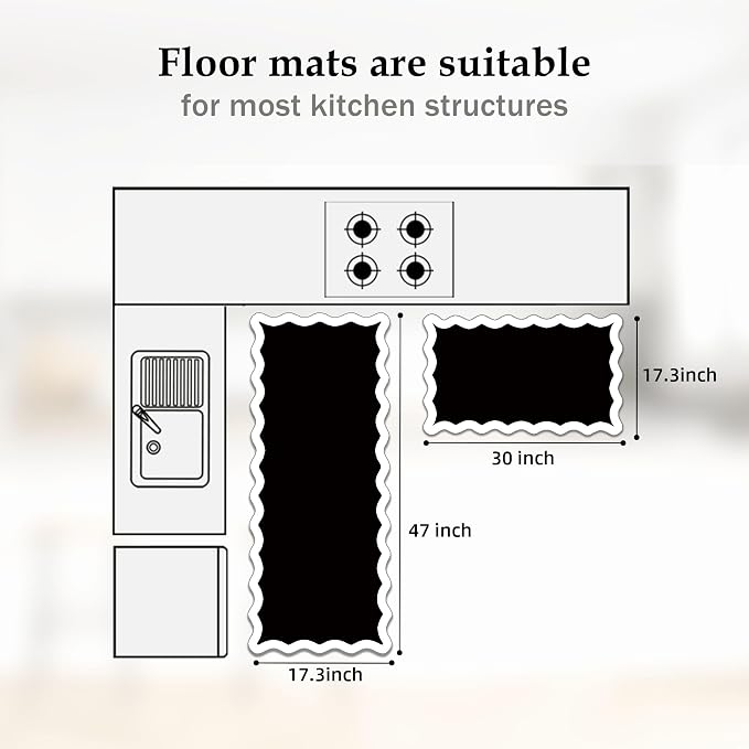Arenarug Scalloped Black White Kitchen Mats Rugs Sets of 2 Cushioned Anti - Image 2