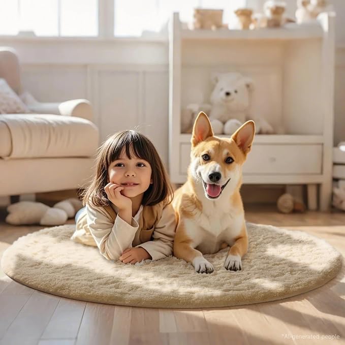 Ophanie Round Rug 4Ft Beige Circle Area Rug, Fluffy Fuzzy Small Bedroom Carpet - Image 3