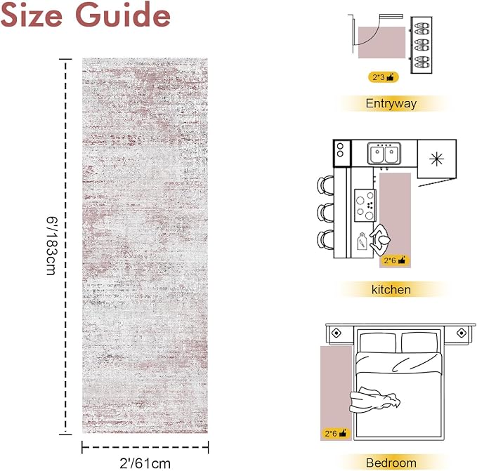 2x6 Ft Washable Runner Rug, Non-Slip Low Pile Hallway Kitchen Area Rug - Image 2