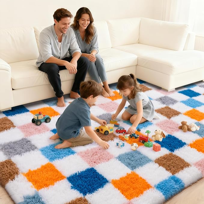 Checkered 8x10 Area Rugs for Living Room, Ultra Soft Fluffy Large Shaggy Rug - Image 3