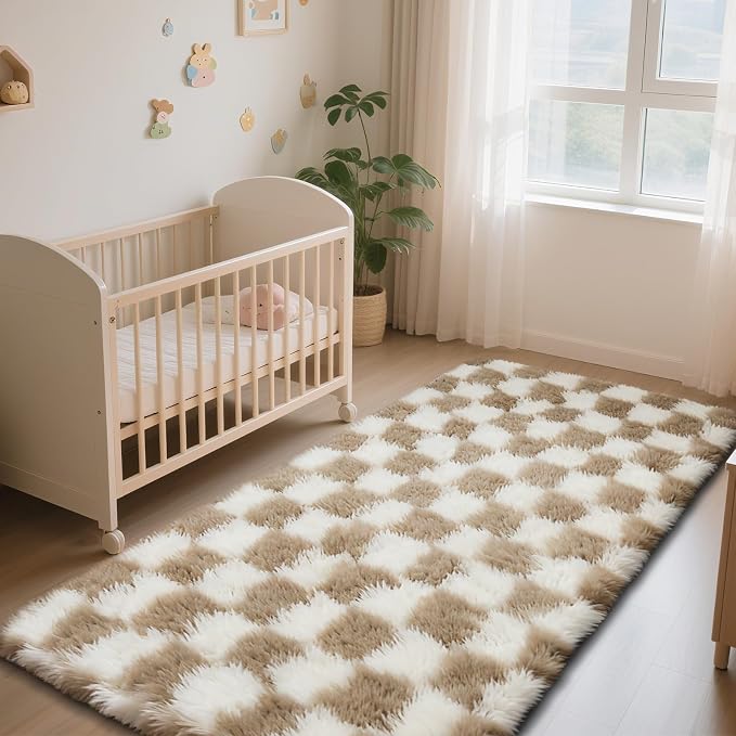 Checkered Rug for Bedroom, 2x6 Beige and White Area Rugs, Classic Checkered - Image 2