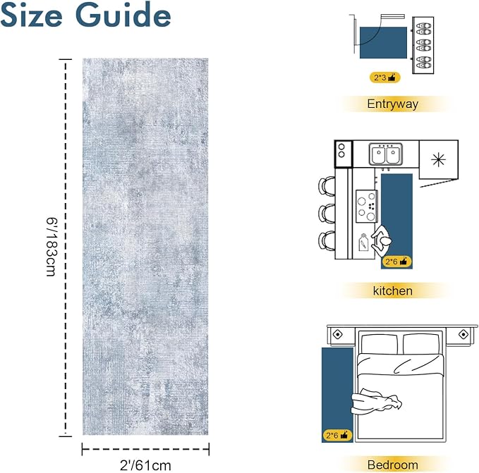 2x6 Ft Washable Runner Rug, Non-Slip Low Pile Hallway Kitchen Area Rug - Image 2