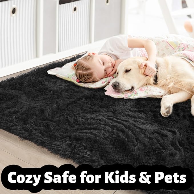 Amdrebio Black Fluffy Large Living Room Rugs, 6x9 Rug, Furry Area Rug - Image 2