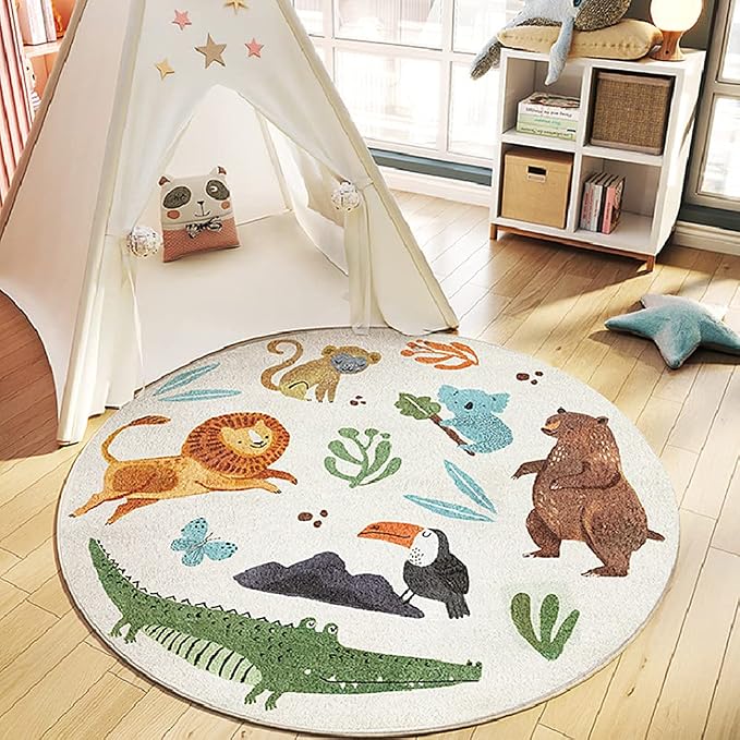 Poowe Kids Play Rug, Lovely Forest Round Area Rug Nursery Door Mat Soft Plush by Poowe