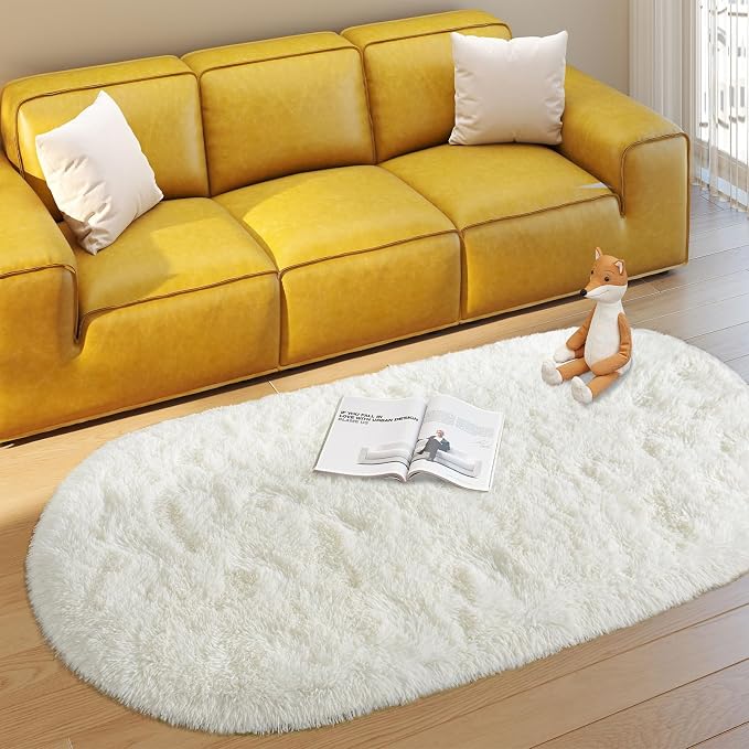 Soft Fluffy Area Rug for Bedroom, Cream White Fuzzy Shaggy Oval Throw Rugs for - Image 2