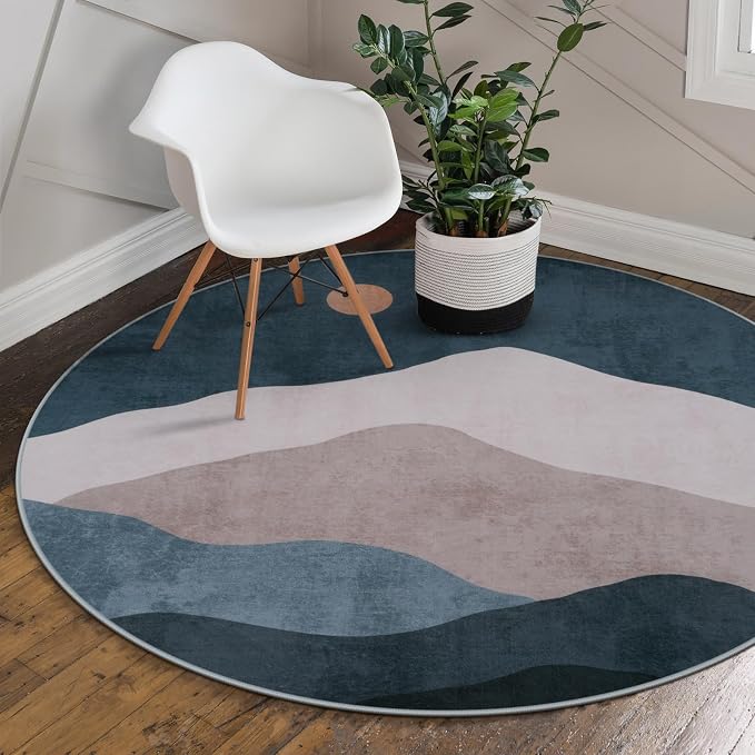 4ft Abstract Round Area Rug, Chic Faux Wool Washable Non-Slip Sun and Mountain - Image 8