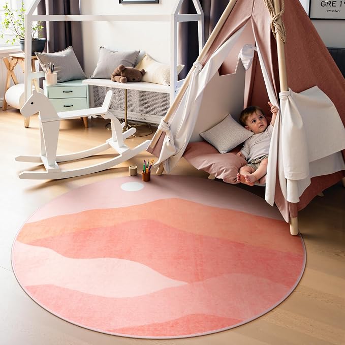 Pink Round Rugs, 4Ft Soft Nursery Rug Non Slip Washable Circle Rug, Modern - Image 2
