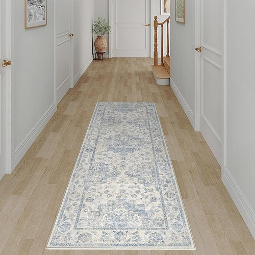 2x5 Washable Neutral Runner Rug Blue Vintage Hallway Kitchen Carpet Non-Slip by WondRg